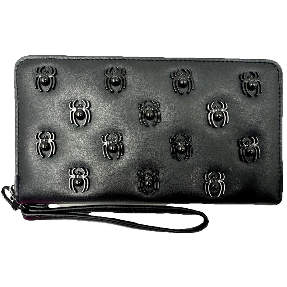 Betsey Johnson Black Zip Around Wallet Wristlet All Over Spiders DetachableStrap